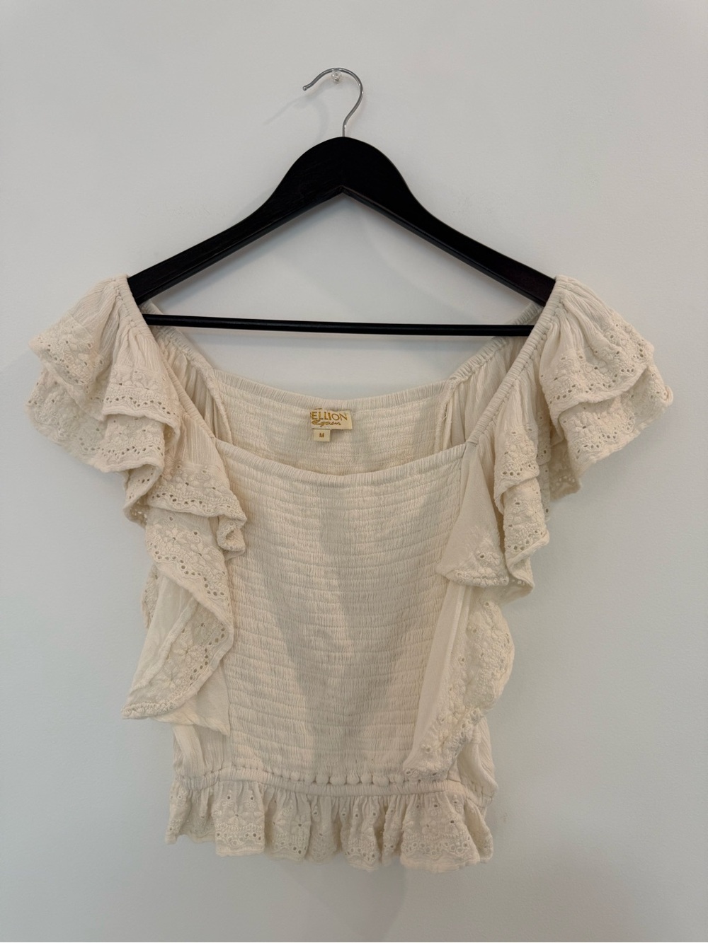 Crochet Cream Ruffled Off-Shoulder top - Picture 1 of 7